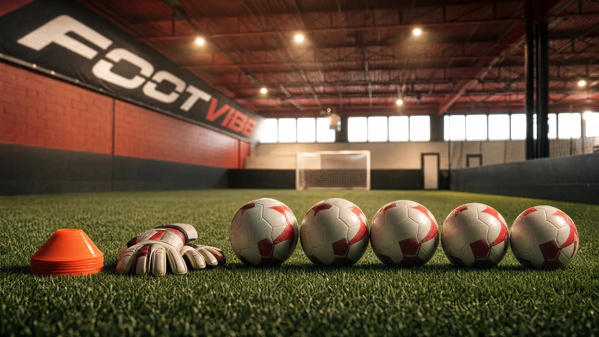 Intérieur du centre de soccer FootVibe à Montréal-Est : terrain synthétique et équipement